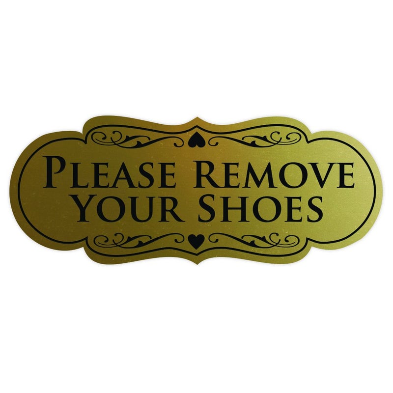 All Quality Designer Please Remove Your Shoes Wall or Door Sign - No Shoes Signage | Easy Installation - Brushed Gold - Large (1 Pack) - Image 1